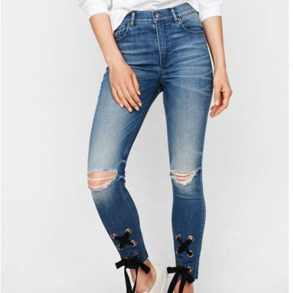 Express Size 14 Super High Waisted Lace-Up Stretch Ankle Legging Jeans Jeggings